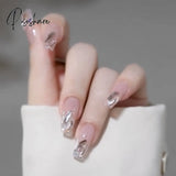 24Pcs Pink Heart Pattern False Nail With Diamond Decor Oval Pointed Head Fake Full Finished Press