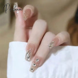 24Pcs Pink Heart Pattern False Nail With Diamond Decor Oval Pointed Head Fake Full Finished Press