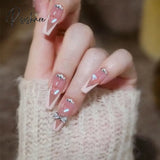 24Pcs Pink Heart Pattern False Nail With Diamond Decor Oval Pointed Head Fake Full Finished Press