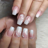 24Pcs Pink White Gradient False Nail Patch With Flower Diamond Design Full Finished Artificial Tips