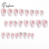 24Pcs Pink White Gradient False Nail Patch With Flower Diamond Design Full Finished Artificial Tips