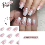 24Pcs Pink White Gradient False Nail Patch With Flower Diamond Design Full Finished Artificial Tips