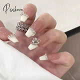 24Pcs Press On Nails With Diamond Butterfly Design White Fake Coffin Ballet False Manicure Salon