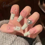 24Pcs Press On Nails With Diamond Butterfly Design White Fake Coffin Ballet False Manicure Salon