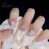 24Pcs Press On Nails With Diamond Butterfly Design White Fake Coffin Ballet False Manicure Salon