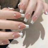 24Pcs Press On Nails With Diamond Butterfly Design White Fake Coffin Ballet False Manicure Salon