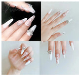 24Pcs Press On Nails With Diamond Butterfly Design White Fake Coffin Ballet False Manicure Salon