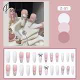 24Pcs Press On Nails With Diamond Butterfly Design White Fake Coffin Ballet False Manicure Salon