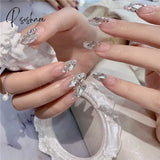 24Pcs Rhinestone Design Fake Nails Shiny Bridal Women Lady Party Nail Diy Decorations Press On Tips