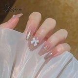 24Pcs Rhinestone Design Fake Nails Shiny Bridal Women Lady Party Nail Diy Decorations Press On Tips