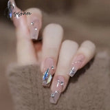 24Pcs Rhinestone Design Fake Nails Shiny Bridal Women Lady Party Nail Diy Decorations Press On Tips