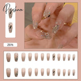 24Pcs Rhinestone Design Fake Nails Shiny Bridal Women Lady Party Nail Diy Decorations Press On Tips