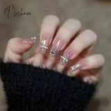 24Pcs Rhinestone Design Fake Nails Shiny Bridal Women Lady Party Nail Diy Decorations Press On Tips