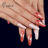 24Pcs Rose Pattern Red Wine False Nail Fake Nails Coffin Glossy Press On Girls Ballerina Full Cover