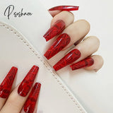 24Pcs Rose Pattern Red Wine False Nail Fake Nails Coffin Glossy Press On Girls Ballerina Full Cover