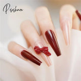 24Pcs Rose Pattern Red Wine False Nail Fake Nails Coffin Glossy Press On Girls Ballerina Full Cover