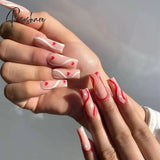 24Pcs Rose Pattern Red Wine False Nail Fake Nails Coffin Glossy Press On Girls Ballerina Full Cover