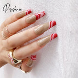 24Pcs Rose Pattern Red Wine False Nail Fake Nails Coffin Glossy Press On Girls Ballerina Full Cover