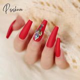 24Pcs Rose Pattern Red Wine False Nail Fake Nails Coffin Glossy Press On Girls Ballerina Full Cover