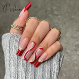 24Pcs Rose Pattern Red Wine False Nail Fake Nails Coffin Glossy Press On Girls Ballerina Full Cover