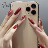 24Pcs Rose Pattern Red Wine False Nail Fake Nails Coffin Glossy Press On Girls Ballerina Full Cover