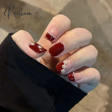 24Pcs Rose Pattern Red Wine False Nail Fake Nails Coffin Glossy Press On Girls Ballerina Full Cover