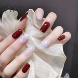 24Pcs Rose Pattern Red Wine False Nail Fake Nails Coffin Glossy Press On Girls Ballerina Full Cover