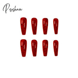 24Pcs Rose Pattern Red Wine False Nail Fake Nails Coffin Glossy Press On Girls Ballerina Full Cover