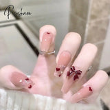 24Pcs Rose Pattern Red Wine False Nail Fake Nails Coffin Glossy Press On Girls Ballerina Full Cover