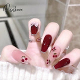 24Pcs Rose Pattern Red Wine False Nail Fake Nails Coffin Glossy Press On Girls Ballerina Full Cover