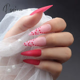 24Pcs Rose Pattern Red Wine False Nail Fake Nails Coffin Glossy Press On Girls Ballerina Full Cover