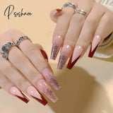 24Pcs Rose Pattern Red Wine False Nail Fake Nails Coffin Glossy Press On Girls Ballerina Full Cover