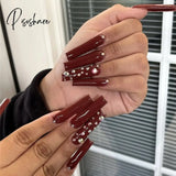 24Pcs Rose Pattern Red Wine False Nail Fake Nails Coffin Glossy Press On Girls Ballerina Full Cover