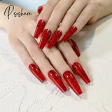 24Pcs Rose Pattern Red Wine False Nail Fake Nails Coffin Glossy Press On Girls Ballerina Full Cover