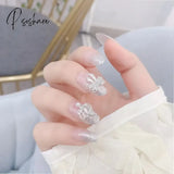 24Pcs/Set 3D Fake Nail Art Girls Fashion Shining Rhinestone Full Nails Tips  Flowers Printing Bride Wedding Nails Tips With Glue