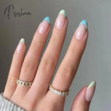 24Pcs/Set Blue Sky White Cloud Pattern Design False Nail French Stiletto Full Cover Fake Nails Glue