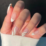 24Pcs/Set Blue Sky White Cloud Pattern Design False Nail French Stiletto Full Cover Fake Nails Glue