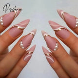 24Pcs/Set Blue Sky White Cloud Pattern Design False Nail French Stiletto Full Cover Fake Nails Glue