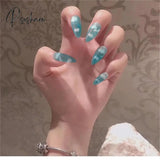 24Pcs/Set Blue Sky White Cloud Pattern Design False Nail French Stiletto Full Cover Fake Nails Glue