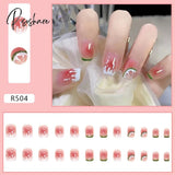 24Pcs Short Fake Nails White Black Line Printed Design Coffin Head For Girls Wearable Manicure