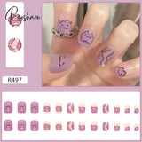 24Pcs Short Fake Nails White Black Line Printed Design Coffin Head For Girls Wearable Manicure