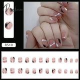 24Pcs Short Fake Nails White Black Line Printed Design Coffin Head For Girls Wearable Manicure