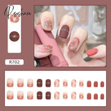 24Pcs Short Press On Nails For Women Girl Fake Patch Matte Pink Design French Artificial Acrylic