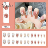 24Pcs Short Press On Nails For Women Girl Fake Patch Matte Pink Design French Artificial Acrylic