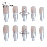 24Pcs Sliver Cool False Nails French Y2K Style Press On For Girl Women Werable Full Finished