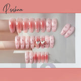 24Pcs Sweet Pink Fake Nails With Love Heart Pattern Design Press On Full Cover Long Coffin Manicure