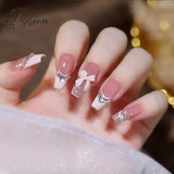 24Pcs Wearable Pink Press On Fake Nails Tips With Glue False Nails Design Butterfly Lovely Girl