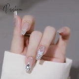 24Pcs Wearable Pink Press On Fake Nails Tips With Glue False Nails Design Butterfly Lovely Girl