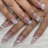 24Pcs Wearable Pink Press On Fake Nails Tips With Glue False Nails Design Butterfly Lovely Girl