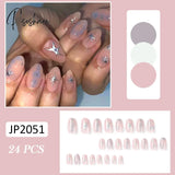 24Pcs Y2K Fake Nails Gradient Gray Star Printed Design Short Coffin Ballet For Girls Manicure